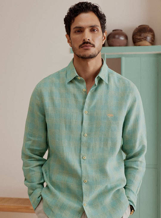 Teal Grid Linen Teal Men's Full Sleeve Shirt