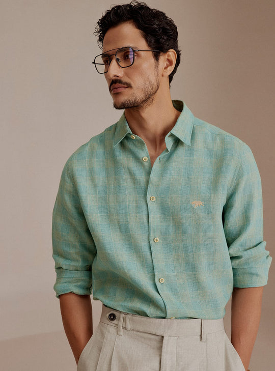Teal Grid Linen Teal Men's Full Sleeve Shirt