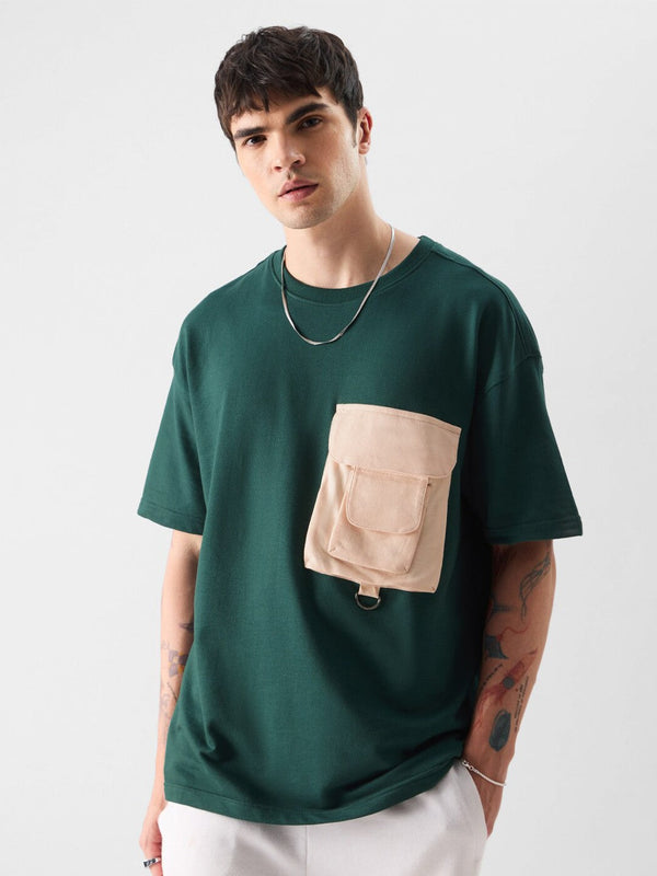Green Drop-Shoulder Sleeves Pocket Detail Pure Cotton Oversized T-shirt