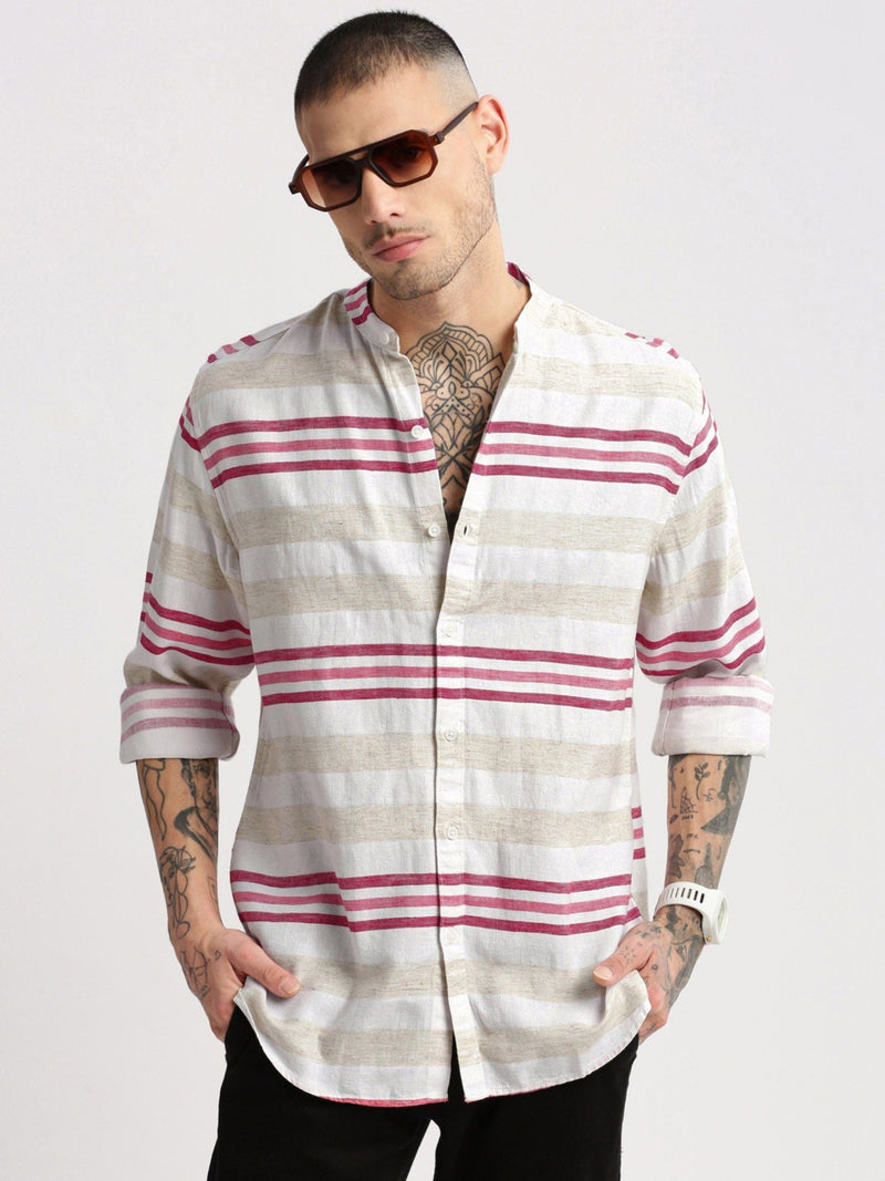 Mandarin Collar Cotton Horizontal Stripes Off White Casual Shirt
