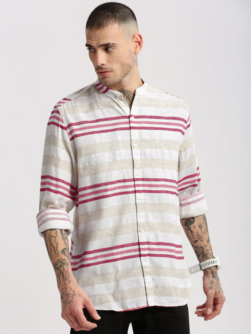 Mandarin Collar Cotton Horizontal Stripes Off White Casual Shirt