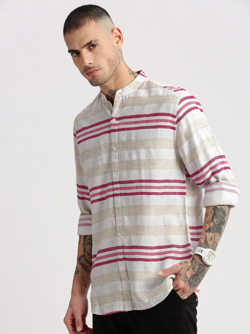 Mandarin Collar Cotton Horizontal Stripes Off White Casual Shirt
