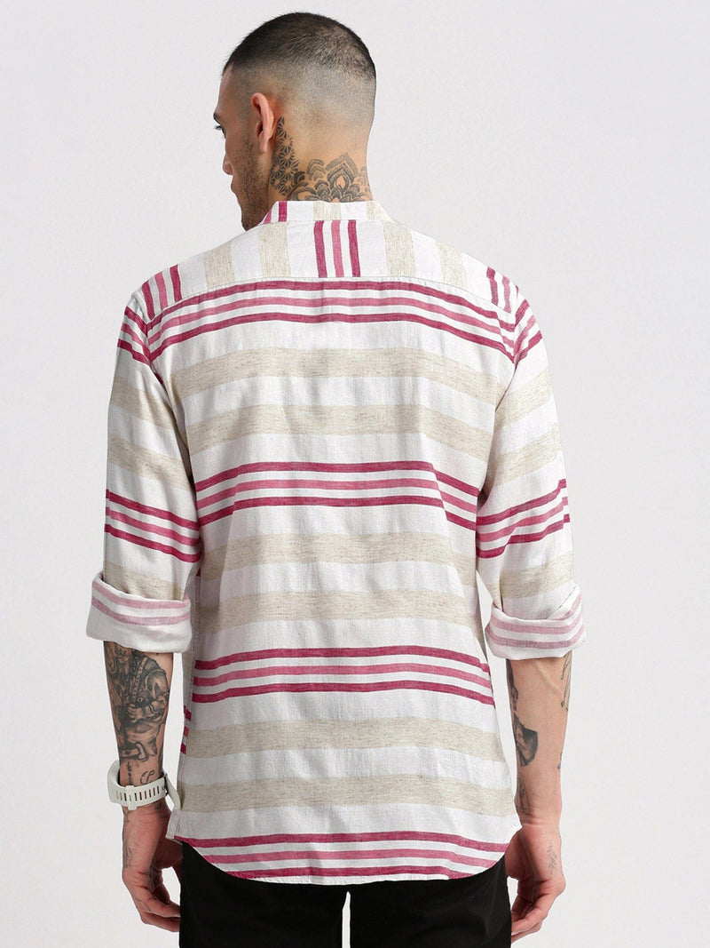 Mandarin Collar Cotton Horizontal Stripes Off White Casual Shirt