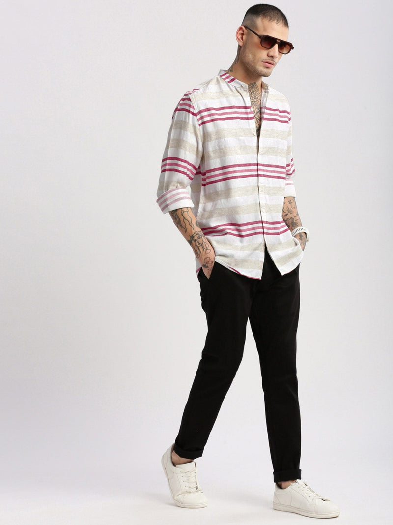 Mandarin Collar Cotton Horizontal Stripes Off White Casual Shirt