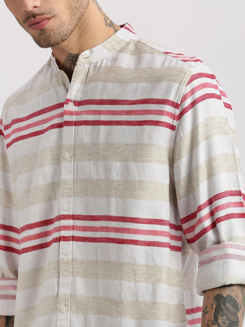 Mandarin Collar Cotton Horizontal Stripes Off White Casual Shirt