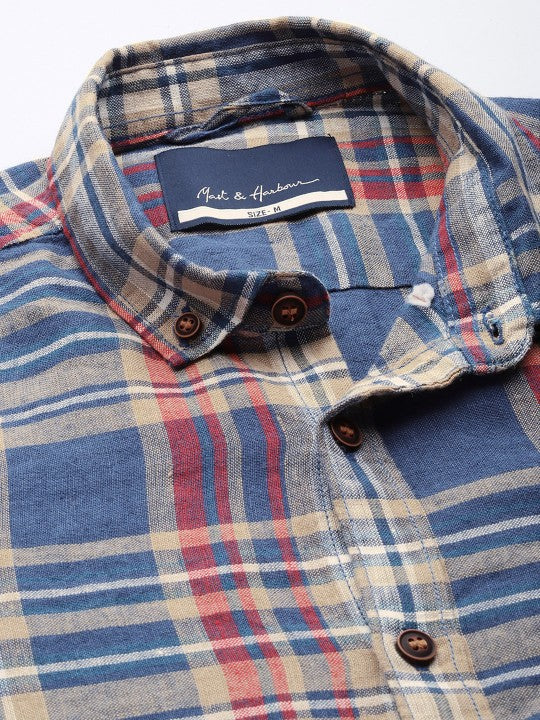 Checked Button-Down Collar Cotton Linen Casual Shirt