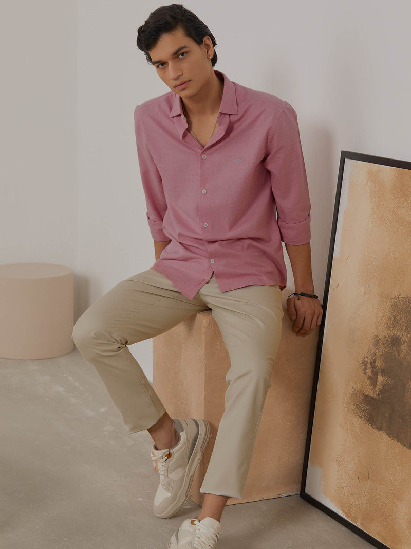 Men Pink Melange Full Sleeve Casual Shirt