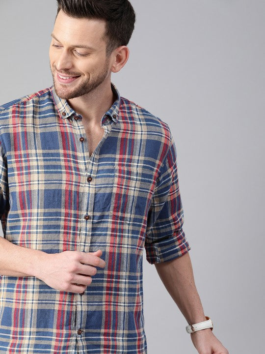 Checked Button-Down Collar Cotton Linen Casual Shirt