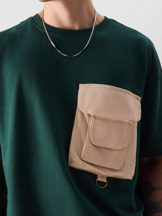 Green Drop-Shoulder Sleeves Pocket Detail Pure Cotton Oversized T-shirt