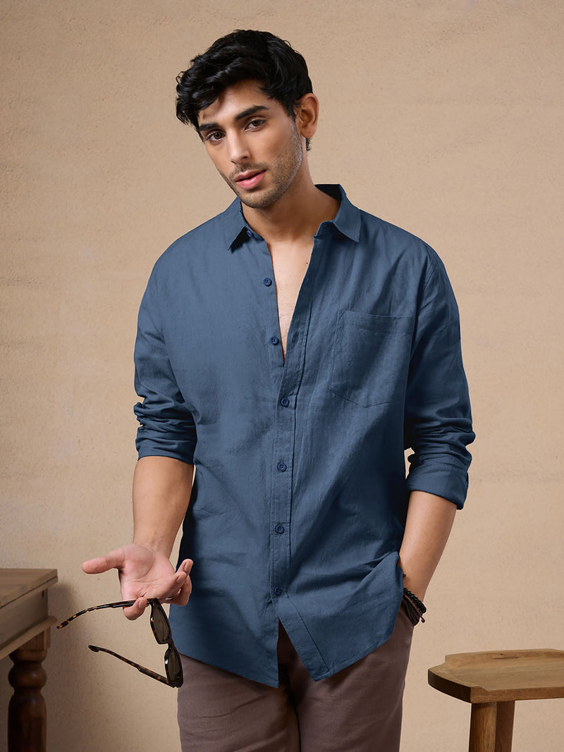 Solid Blue Cotton Linen Shirt for Men