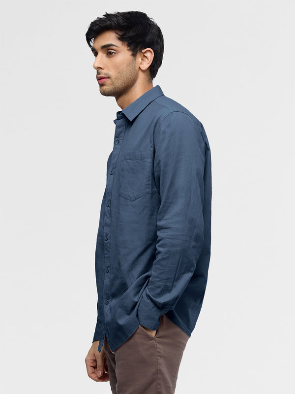 Solid Blue Cotton Linen Shirt for Men