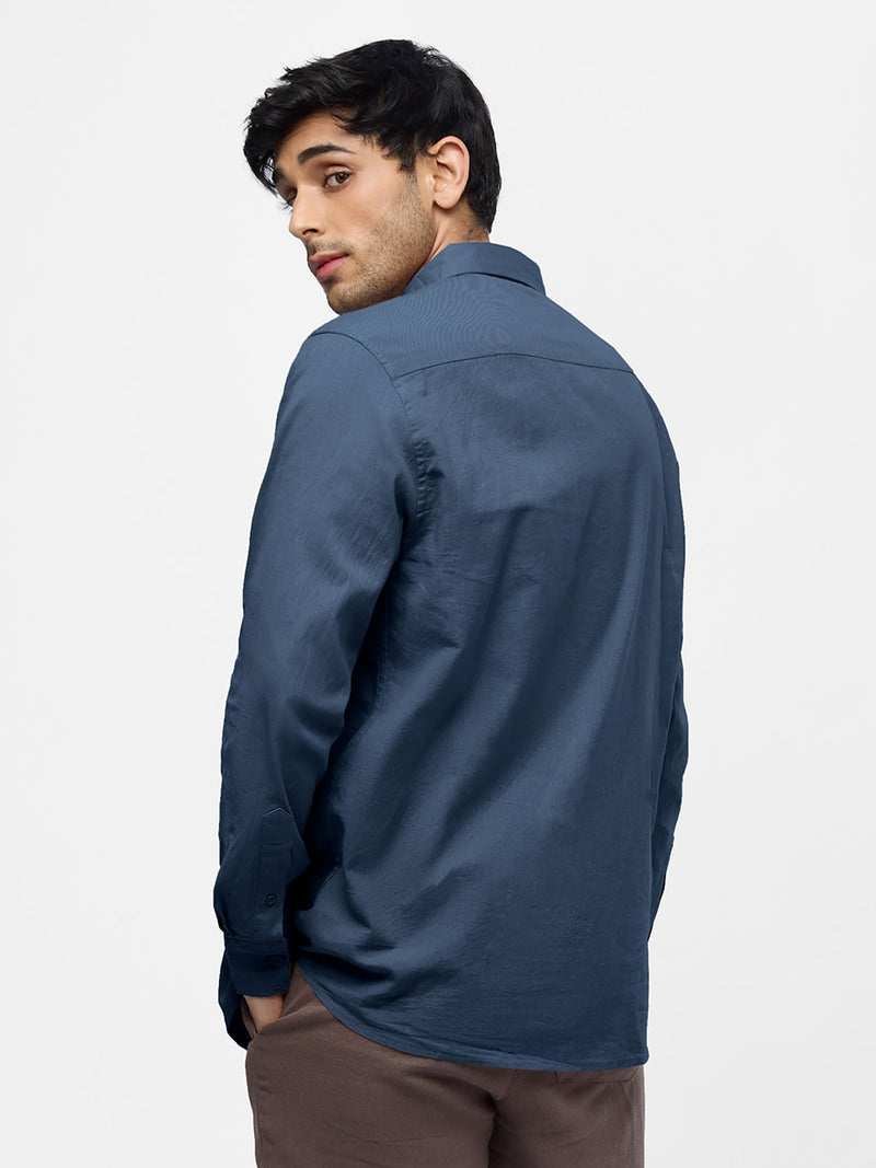 Solid Blue Cotton Linen Shirt for Men