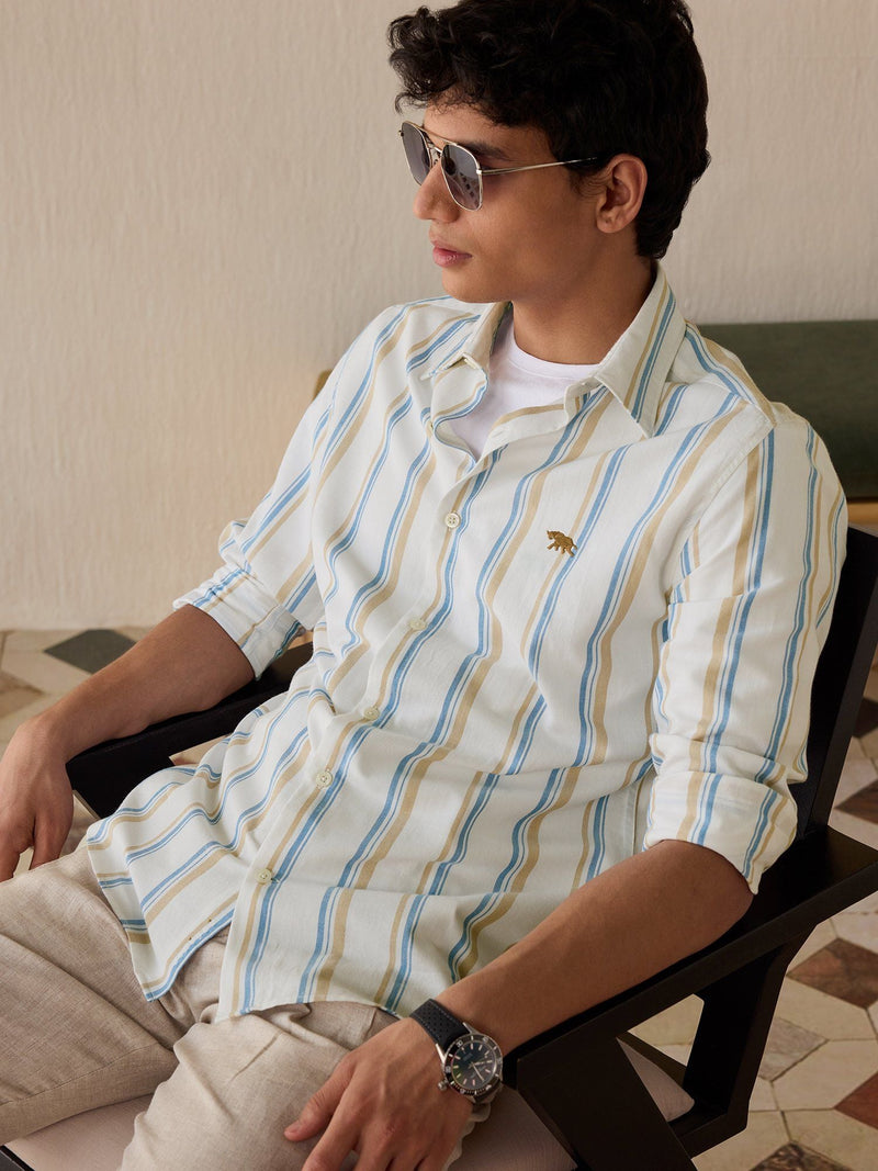 Regular Fit Men Blue Stripe Cotton Full Sleeve Shirt