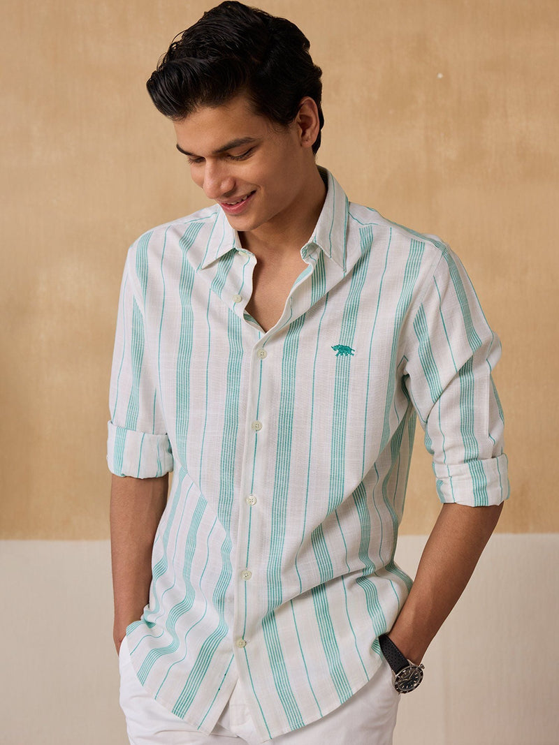 Men Green Stripe Cotton Slim Full Sleeve Shirt