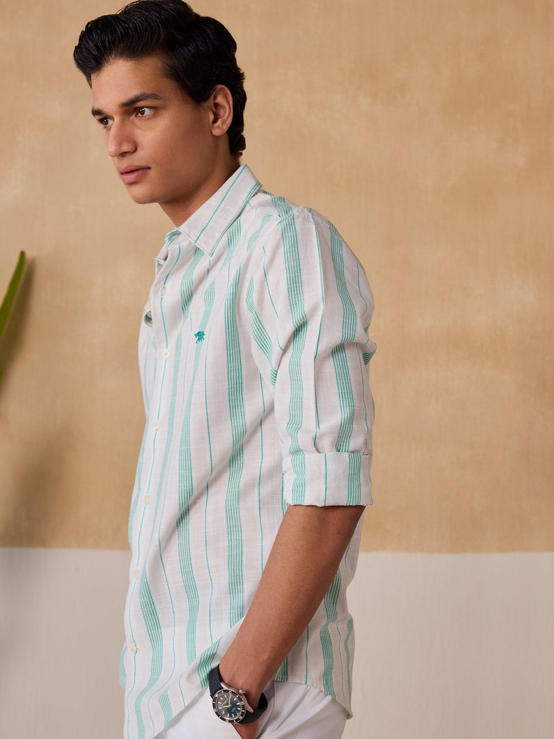 Men Green Stripe Cotton Slim Full Sleeve Shirt