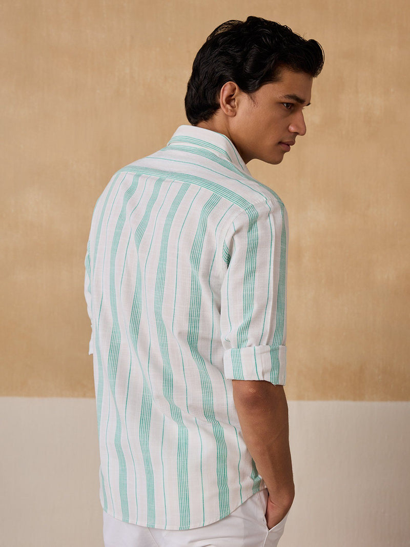 Men Green Stripe Cotton Slim Full Sleeve Shirt