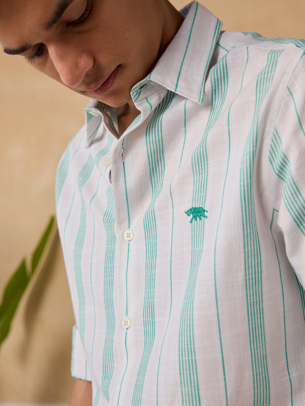 Men Green Stripe Cotton Slim Full Sleeve Shirt