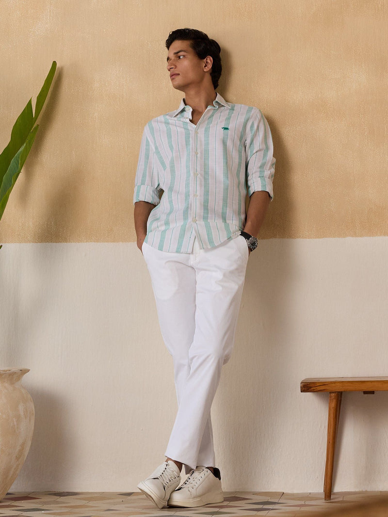 Men Green Stripe Cotton Slim Full Sleeve Shirt