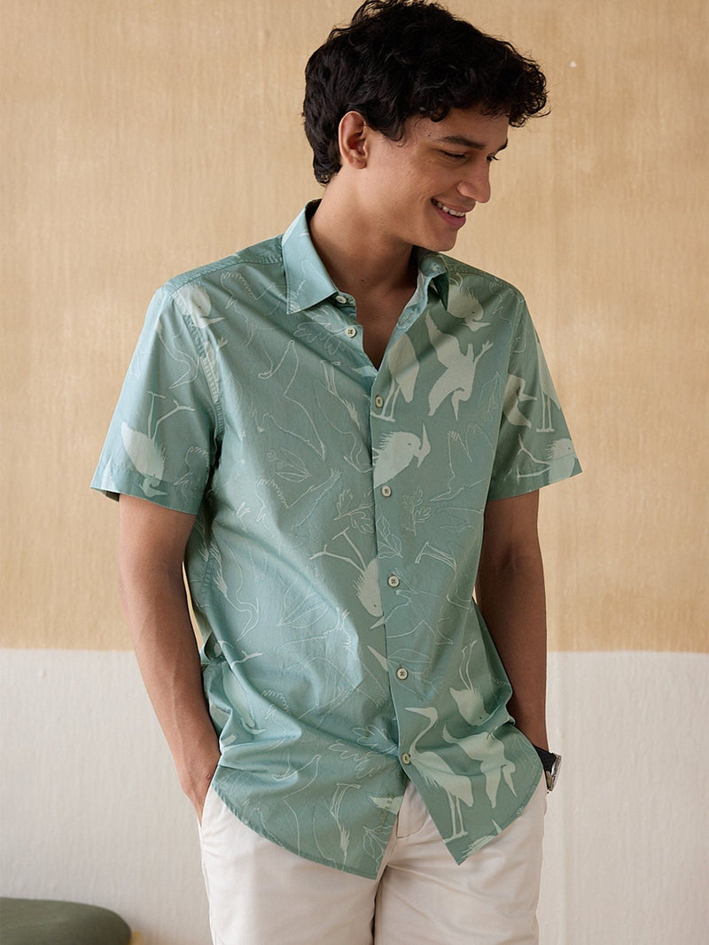 Teal Print Cotton Twill Half Sleeve Shirt