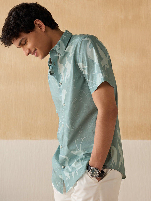 Teal Print Cotton Twill Half Sleeve Shirt