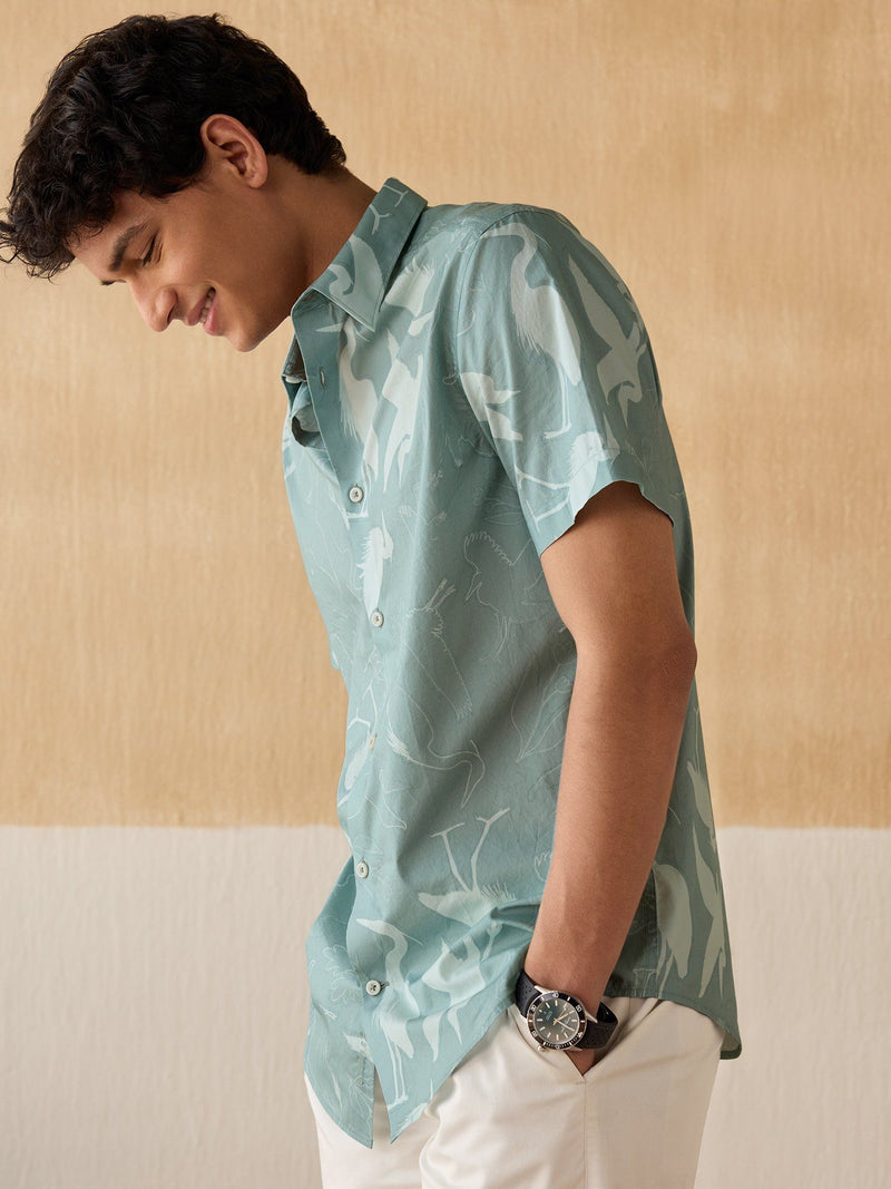 Teal Print Cotton Twill Half Sleeve Shirt