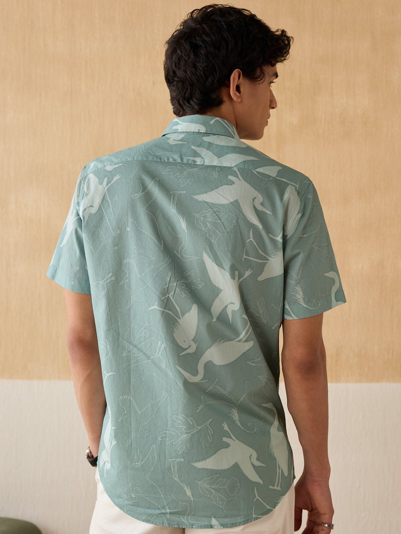Teal Print Cotton Twill Half Sleeve Shirt