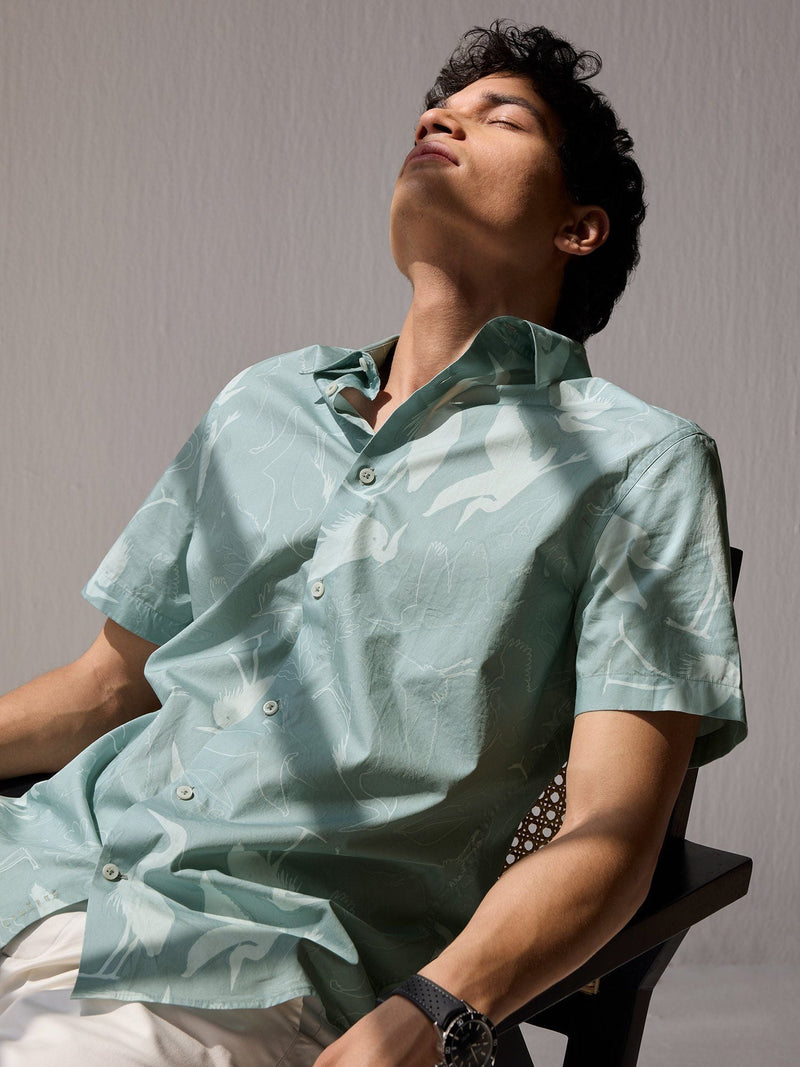 Teal Print Cotton Twill Half Sleeve Shirt